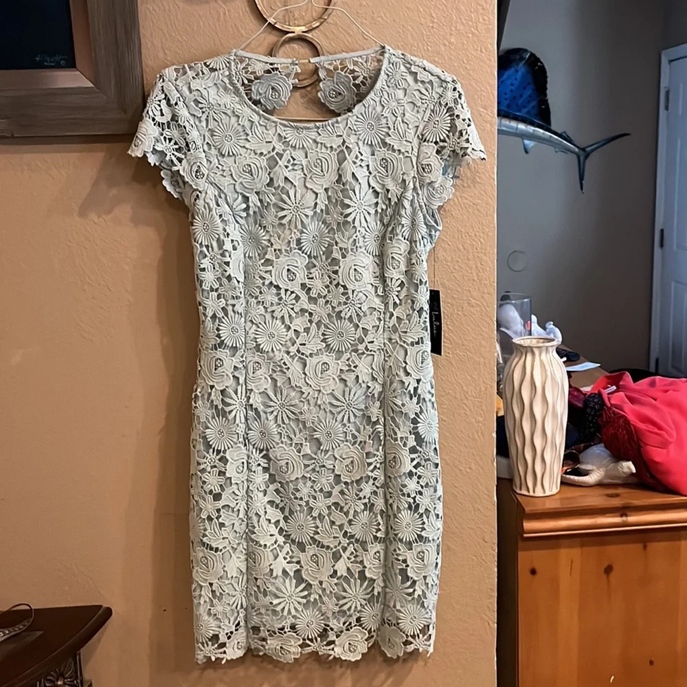 𝅺LULUS Romance Language light blue Backless Lace Dress NWT - Picture 7 of 12